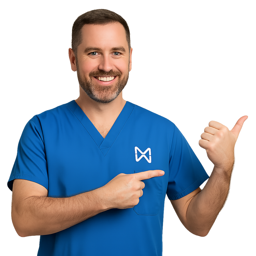 Theatre professional in scrubs pointing right